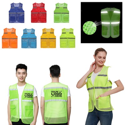 Mesh Safety Vest with Reflective Strips and Pockets