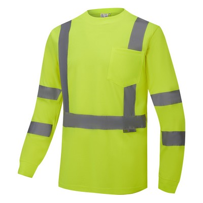 ANSI 107-2015 Class 3 Neon Green Safety T Shirt Long Sleeve With Pocket